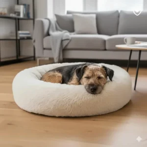 A small terrier feeling secure and protected while curled up inside a raised-rim calming dog bed.