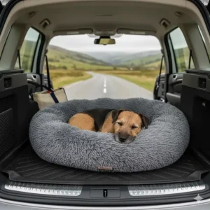 A plush grey calming dog bed placed in a tidy domestic setting, suitable for keeping pets relaxed during long car journeys or travel across the UK.