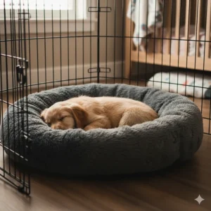 A cosy calming bed placed near a light-filled window, ideal for helping puppies feel secure during crate training and overnight sleep.