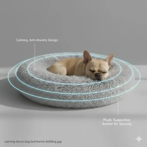 A plush grey calming donut dog bed designed to provide security and comfort for anxious French Bulldogs.