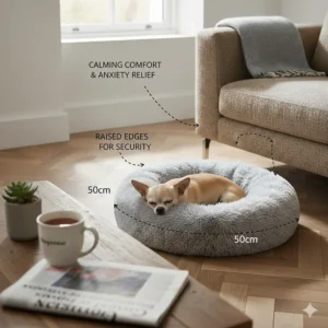 A doughnut-shaped small dog bed for Chihuahua comfort, featuring raised edges for security and anxiety relief.