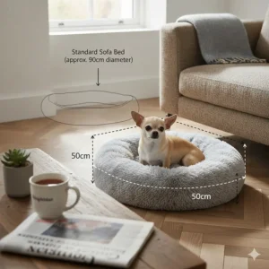 Illustration showing the 50cm dimensions of a small dog bed for Chihuahua breeds compared to the scale of a standard sofa.