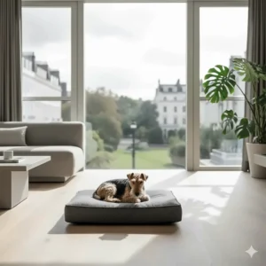 A sleek, minimalist designer dog bed in a luxury London apartment with floor-to-ceiling windows.