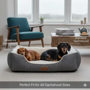 A size comparison chart showing a Miniature and Standard Dachshund fitting perfectly within the orthopaedic bed dimensions.