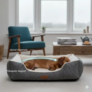 Side-view graphic of a Dachshund lying flat in a supportive bed showing a straight, healthy spinal position and therapeutic support.