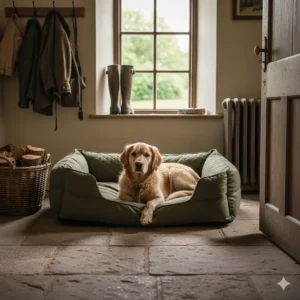 A large waterproof designer dog bed placed in a rustic stone-floored boot room in the Cotswolds.