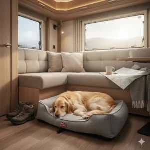 A golden retriever asleep in a travel dog bed on the floor of a modern caravan during a British summer holiday.