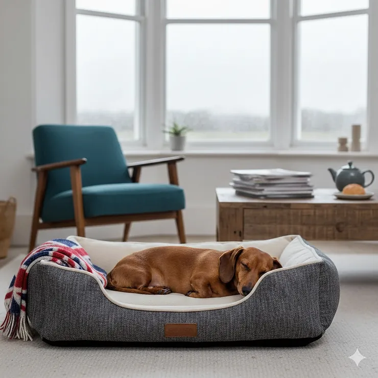 A Miniature Dachshund resting in an orthopaedic dog bed designed for back support, featuring raised bolstered edges for spinal alignment in a bright British living room. dog bed for Dachshund back support