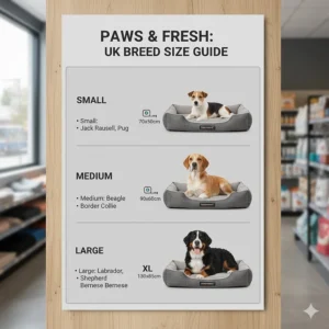 A size chart for a chew-proof dog bed featuring common UK breeds like Labradors and Staffies.