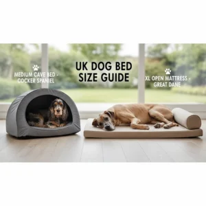 A size guide infographic showing a Cocker Spaniel in a medium cave bed next to a large open mattress suitable for a Great Dane.