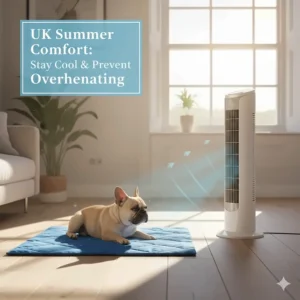 A Cocker Spaniel relaxing on a cooling bed inside a clean, modern British home near a fan during a summer heatwave.