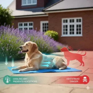 Illustration showing how a cooling mat helps regulate a dog's body temperature to prevent heatstroke in summer.