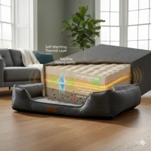 Comparison illustration showing how a premium orthopaedic bed maintains healthy spinal alignment for older dogs with arthritis.