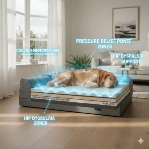 Diagram showing how a post-surgery dog bed relieves pressure on joints and hip dysplasia.