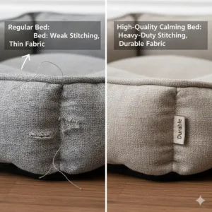 High-detail close-up of the durable stitching and premium textile quality used in a luxury calming dog bed.