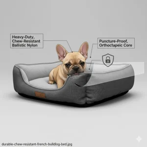 A durable chew-resistant dog bed featuring heavy-duty ballistic nylon for active French Bulldog puppies.
