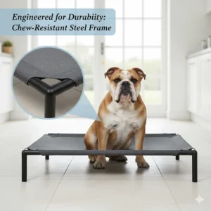 Close-up of a heavy-duty, chew-resistant elevated dog bed with a sturdy powder-coated steel frame and reinforced corners.