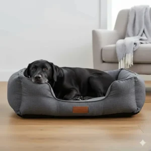 A photorealistic illustration of a dog bed featuring a low front entry to help arthritic dogs step in easily without pain.