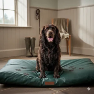 A muddy Cocker Spaniel sitting on a wipe-clean waterproof dog bed after a wet walk in the British countryside.