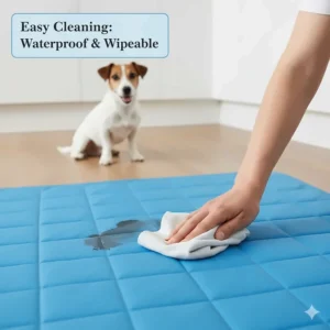 A high-quality shot of a waterproof blue dog cooling mat being easily wiped clean with a damp cloth and mild soap.