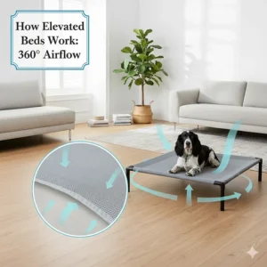 A photorealistic view of a raised dog bed with breathable mesh fabric, highlighting the 360-degree airflow underneath the frame.