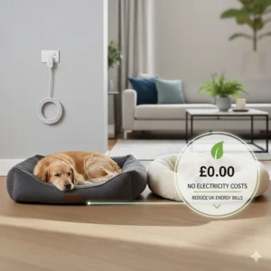 An illustration highlighting the zero-electricity cost of a self-warming bed to help reduce UK household energy bills.