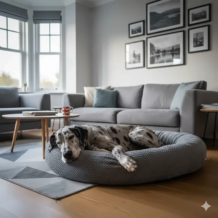 Alt text for image 1: Close-up of high-density blue and grey orthopaedic foam layers inside an extra large dog bed for Great Danes. extra large dog bed for Great Dane