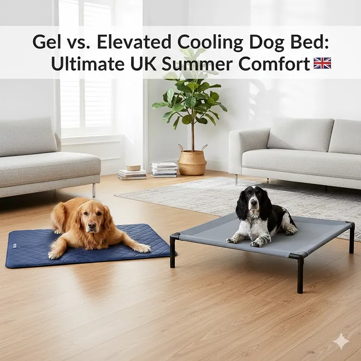 A professional side-by-side comparison of a blue gel pressure-activated cooling mat and a grey raised mesh elevated dog bed in a bright, modern British lounge. gel vs elevated cooling dog bed