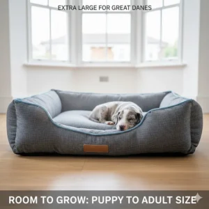 Alt text for image 9: A harlequin Great Dane stretching out comfortably on a grey extra large dog bed in a bright, modern British home.