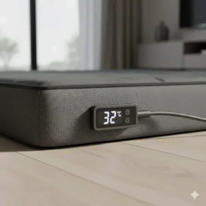 A close-up of a built-in thermostat on a heated dog mat designed to prevent overheating for pets.