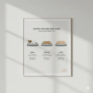 A size guide for heated dog beds showing dimensions in centimetres for small, medium, and large breeds.