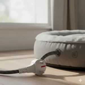 Close-up of a heated dog bed power cable with a standard UK three-pin plug and chew-resistant coating.