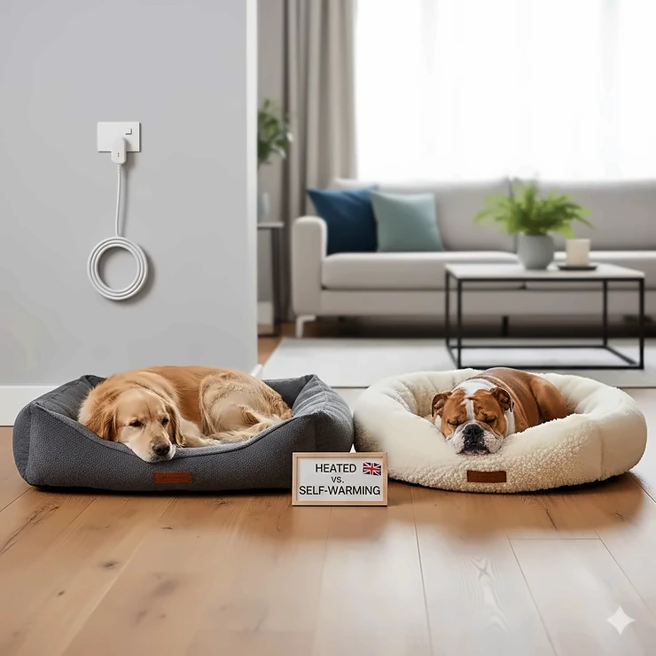 A side-by-side comparison of an electric heated dog bed and a thermal self-warming dog bed in a modern British living room. heated vs self warming dog bed