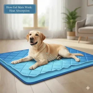 Detailed illustration showing the inner layers of a non-toxic, pressure-activated cooling gel mat designed for British summer heat.