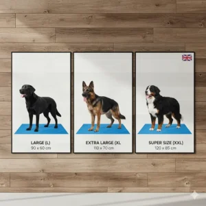 A size comparison chart for large cooling dog beds, featuring breeds like Labradors and German Shepherds.