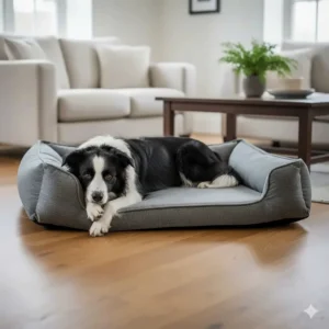 A Border Collie stretched out fully on a large open bolster bed, highlighting the freedom of movement and space for larger dogs.