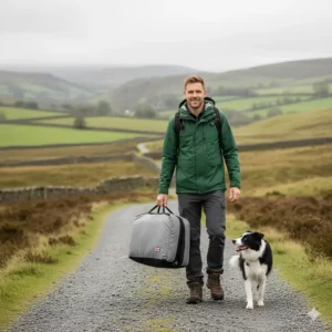 A hiker in a green waterproof jacket carrying a portable dog bed by its handle while walking a Border Collie on a gravel path in the UK hills.