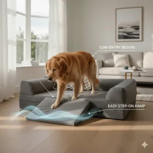 Illustration of a low-profile dog bed allowing a senior dog to step on without lifting paws.
