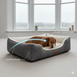 A photorealistic demonstration of a low-entry dog bed design that protects a Dachshund's delicate spine by allowing easy access without jumping.