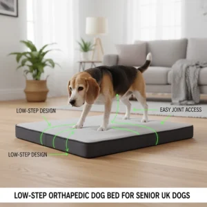 A low-profile orthopaedic dog bed with a low-step entry designed specifically for older dogs with limited mobility.