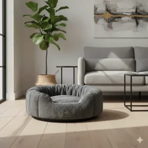 A stylish, charcoal-coloured calming dog bed that seamlessly blends with a minimalist and modern British interior design.