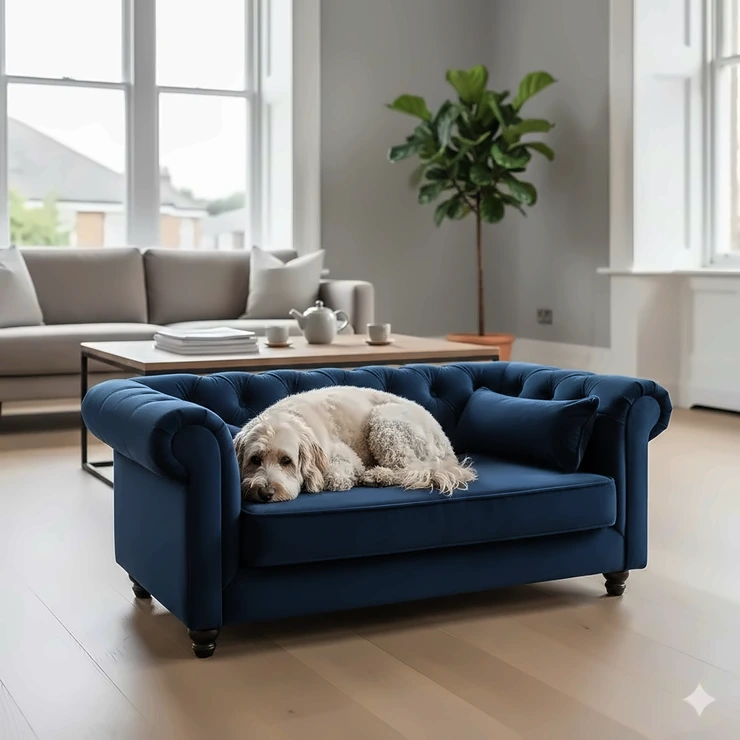 A handcrafted luxury dog bed by a UK designer featuring deep-buttoned navy velvet, situated in a modern British living room. luxury dog bed UK designer