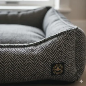 Close-up of authentic grey Harris Tweed fabric used on a premium designer dog bed.