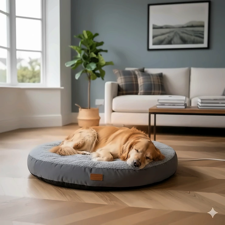 A golden retriever relaxing on a grey luxury heated dog bed in a modern British living room. heated dog bed