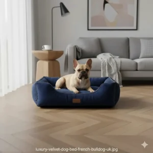 A luxury navy blue velvet dog bed for a French Bulldog styled in a contemporary British home interior.