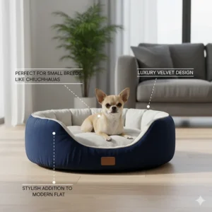 A luxury navy blue velvet small dog bed for Chihuahua pets, designed as a stylish addition to a modern British flat.