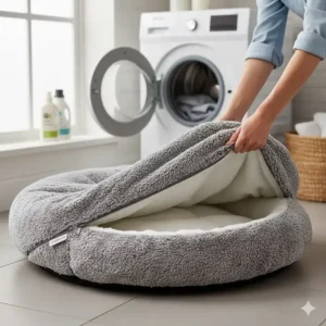 A detailed shot of the high-quality, removable faux fur cover of a calming dog bed, showing the durable zip used for easy machine washing.