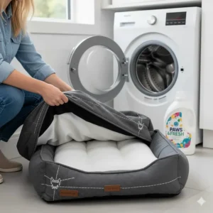 Illustration showing a removable, machine-washable cover for a chew-resistant dog bed.