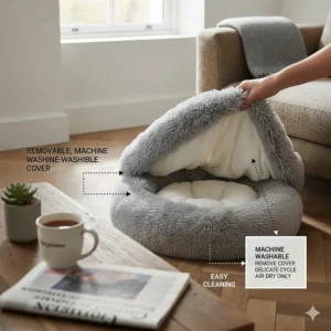 An illustration of a removable, machine-washable cover on a small dog bed for Chihuahua owners looking for easy cleaning.