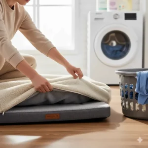 A person removing a machine-washable fleece cover from a self-warming dog bed for easy cleaning.